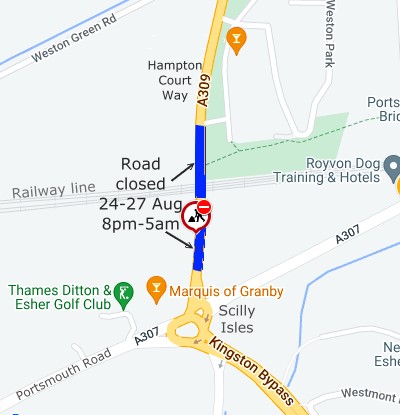 Hampton Court Way closure Aug 2022